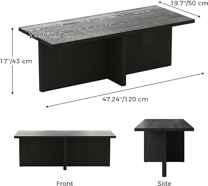 Luoxiao Rectangle Coffee Table for Living Room 47 inch Wood Modern Center Accent Table Minimalist Small Rectangular Cocktail Table Black, Space Saving, Easy Assembly