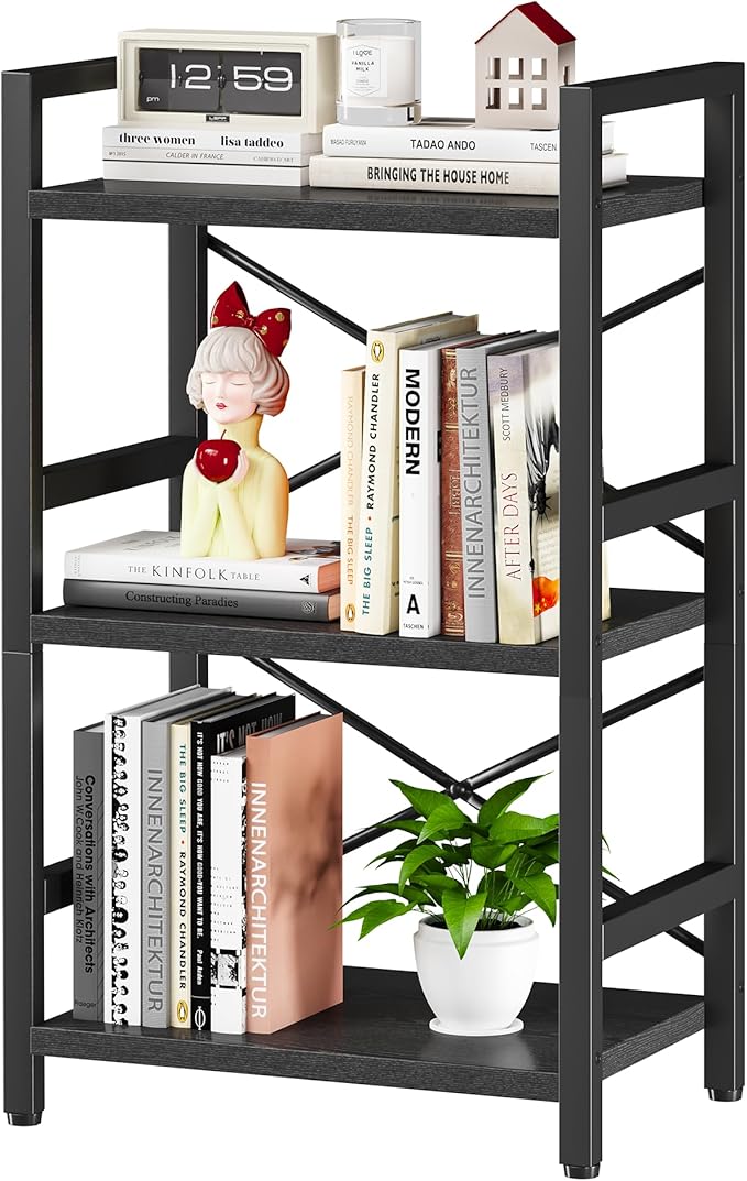 Homeiju Bookshelf, 3 Tier Industrial Bookcase, Metal Small Bookcase, Rustic Etagere Book Shelf Storage Organizer for Living Room, Bedroom, and Home Office(Black) Patent Pending D29873033