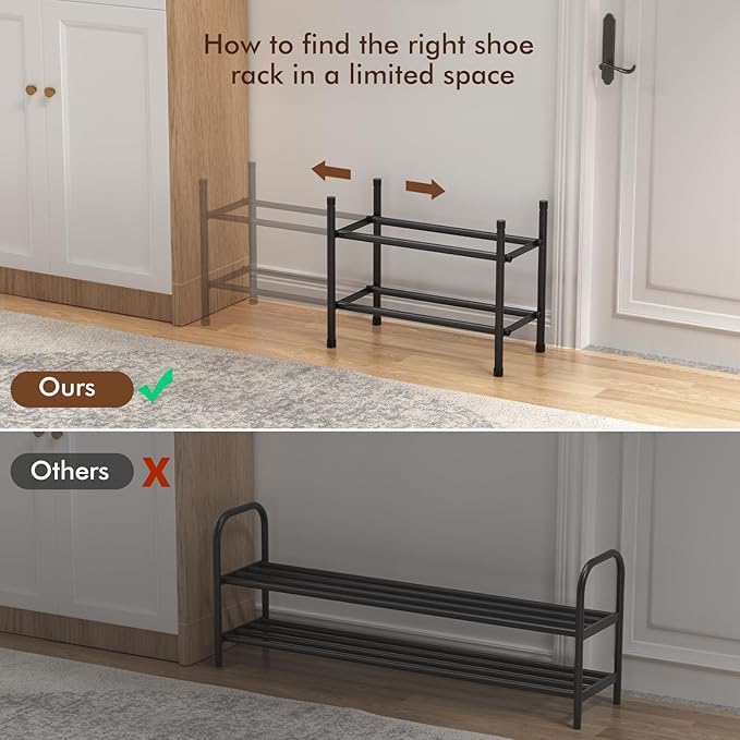 Expandable Shoe Rack, 2 Tier Shoe Rack for Closet, Stackable Adjustable Standing Metal Shoe Shelf Organizer Storage, Small Shoe Racks for Front Door Entrance、Entryway(Black)