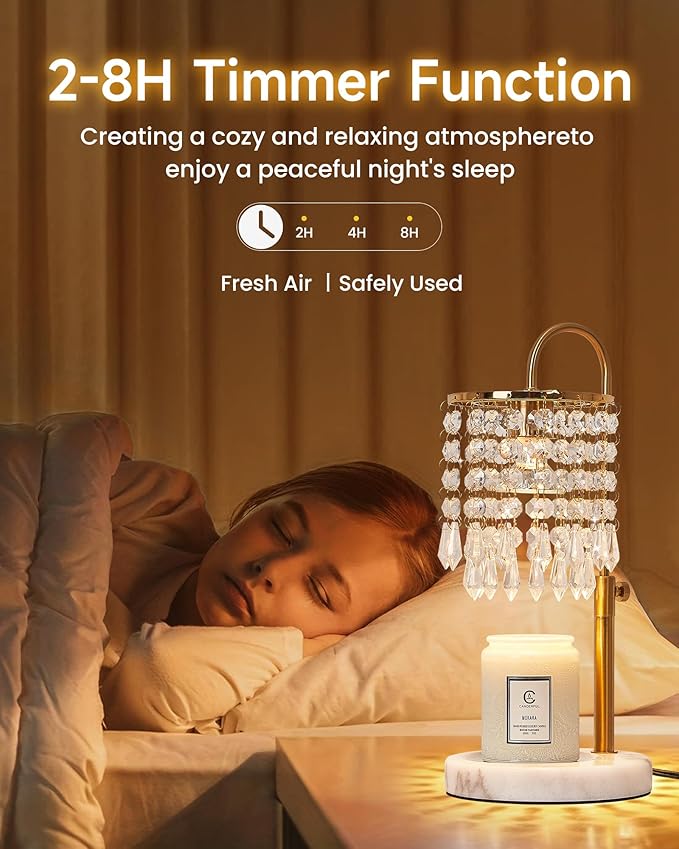 Minimalist Crystal Candle Warmer with Timer Dimmer and 3 Bulbs, Adjustable Height Marble Base for Jar Candles, Ideal House Warming Gift