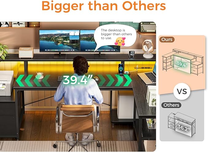 ODK L Shaped Desk with File Drawer, 66" Reversible L Shaped Computer Desk with Power Outlet & LED Strip, Home Office Desk with Storage Shelves, Gaming Desk with Monitor Shelf, Corner Desk, Black