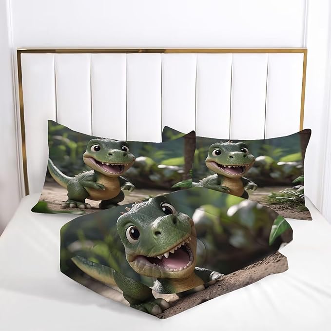 Cute Dinosaur Comforter Set Twin for Kids, Green Dinosaur Bedding Set for Boys Room Decor, Dino Bed Set with 1 Comforter Set and 1 Pillowcase