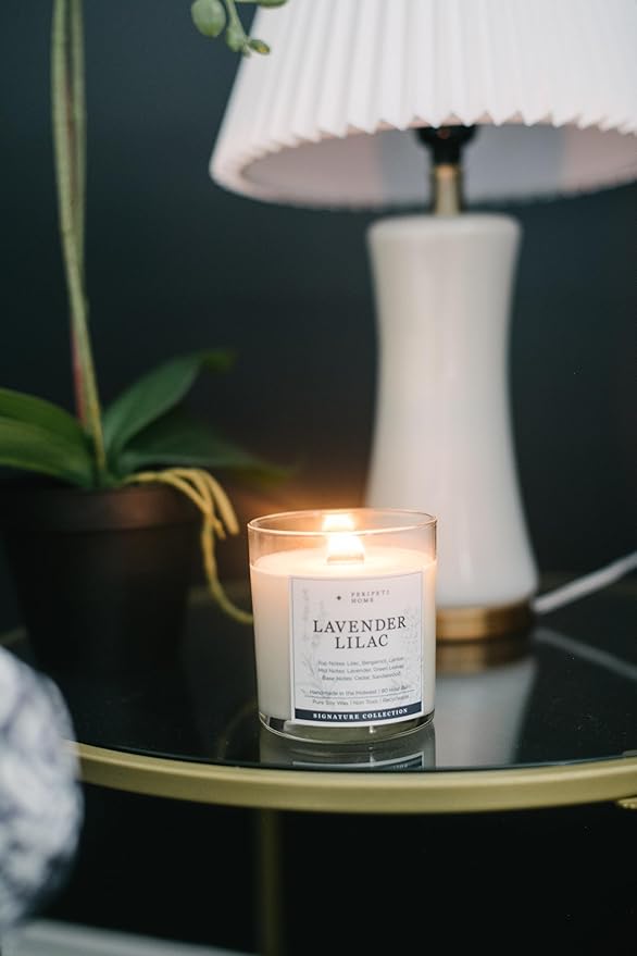 PERIPETI Home Lavender + Lilac Scented Candle - Wooden Wick, 8.5oz Natural Soy Wax for Soothing Aromatherapy - Long-Lasting Relaxing Fragrance for Home or Spa