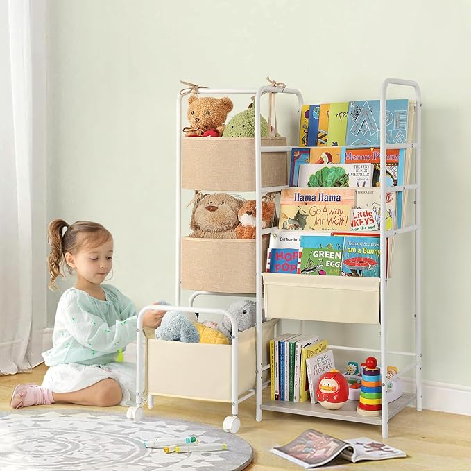 Kids Bookshelf and Toy Storage, Montessori Bookshelf, 4-Tier Baby Toddler Book Shelves, Bookshelf for Kids with Toy Storage Organizer, Book Shelf for Kids Rooms Nursery Playroom Classroom