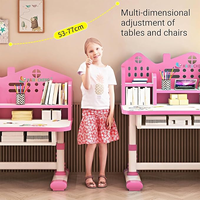 Kids Desk and Chair Set, Height Adjustable Kids Study Table and Chair Set, Children School Desk with Storage Drawer and Book Stand, Ergonomic Child Toddler Deskwith Sitting Posture Corrector (Pink 2)