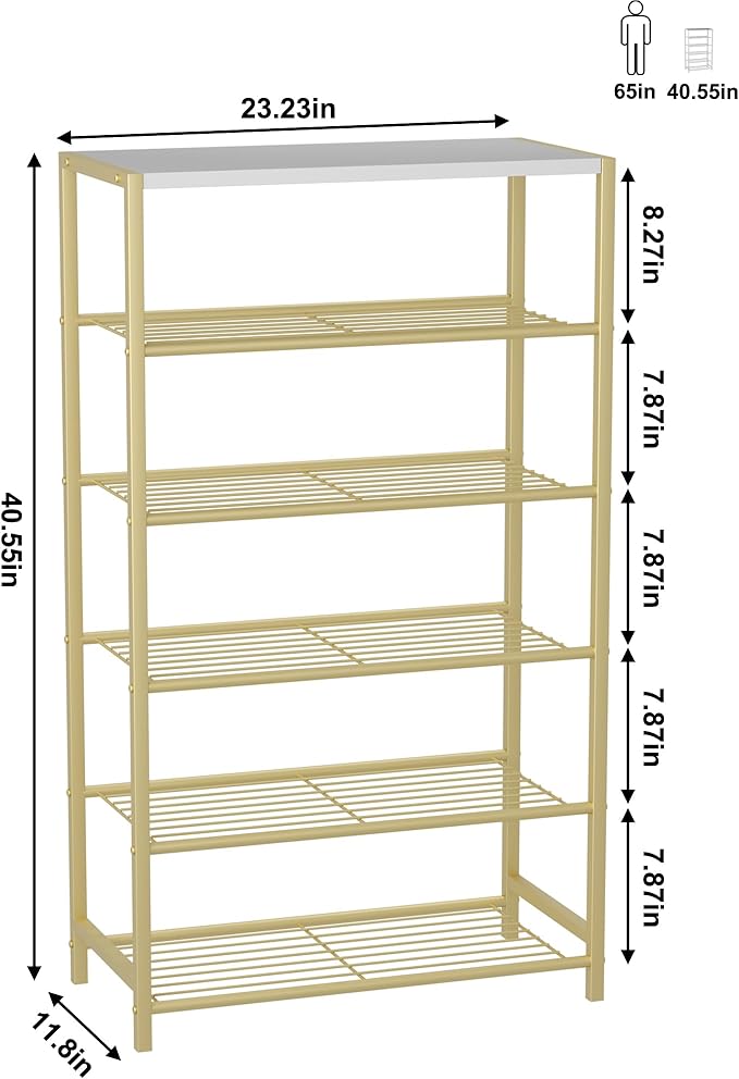 HOMEFORT Shoe Rack 6-Tier, Shoe Storage Shelf, Industrial Shoe Tower, Narrow Shoe Organizer for Closet Entryway, Small Shoe Rack Table with Durable Metal Shelves,Gold