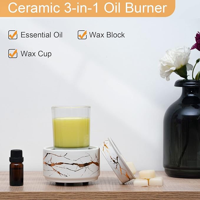 PALANCHY Candle Warmer Lamp with Timer, Ceramic Wax Warmer for Scented Wax, Gold Marble Oil Burner for Scented Oil, Wax Melt Warmer Electric, Candle Melter with Timer and Auto Shut Off, Candle Melter