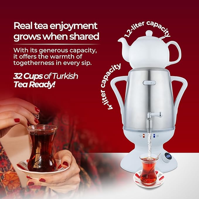 ETHNIQ - Electric Samovar | 4L Stainless Steel Turkish Tea Maker | Adjustable Temperature Controller | Boil Dry & Auto Shot-off | White