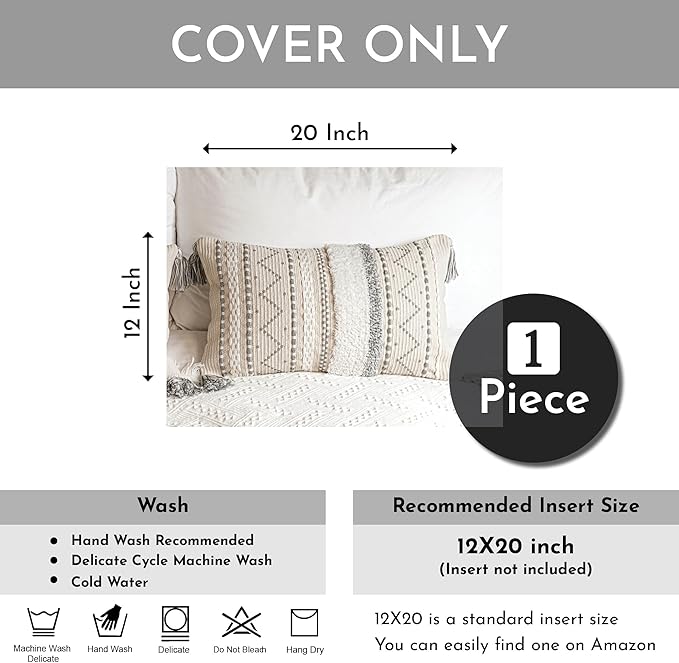 Decorative Lumbar Throw Pillow Cover 12x20 Gray Rectangular Boho Accent Pillowcase Neutral White Farmhouse Cushion for Couch Sofa Bedroom Living Home Décor (Cover ONLY, Pack of 1)