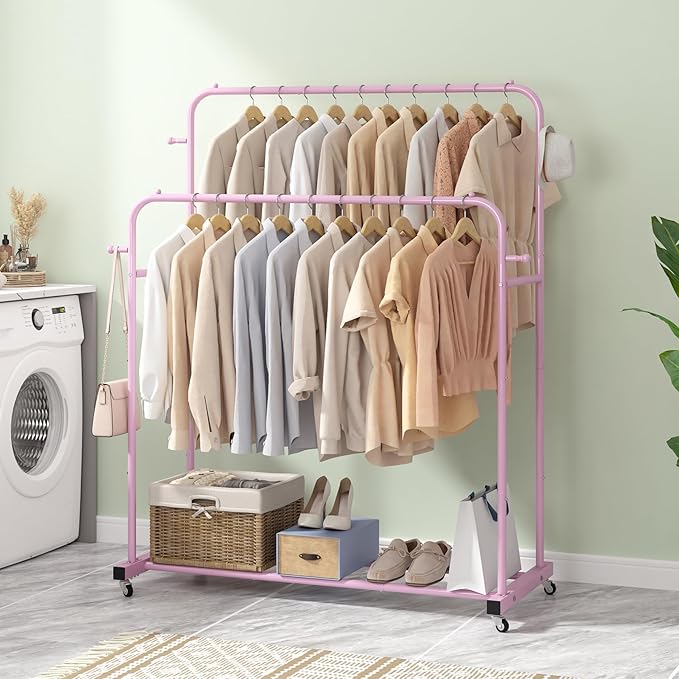 Laiensia Double Rods Garment Rack with Wheels, Clothing Rack for Hanging Clothes,4 Hooks, Multi-Functional Bedroom Clothes Rack, Pink