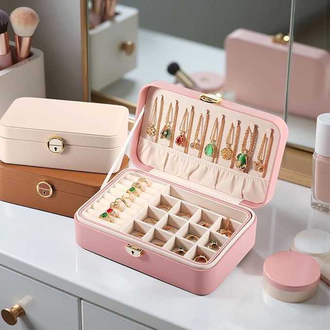 Travel Jewelry Case With Lock, 2-Layer PU Leather Jewelry Box for Women, Ring Box and Jewelry Organizer, Large Jewelry Travel Case,Best Gifts for Women for the Holidays(Pink)