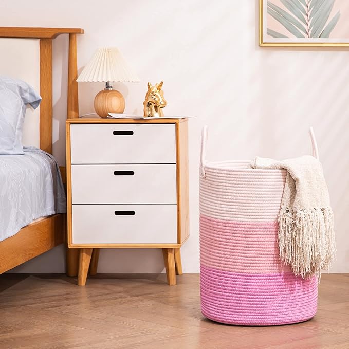 Woven Rope Laundry Hamper Basket, 58L Tall Luandry Basket, Baby Nursery Hamper for Blanket Storage, Clothes Hamper for Laundry in Bedroom-Large-Pink