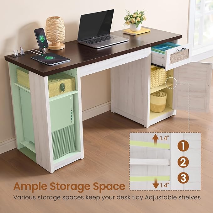 SEDETA 55.1" Rattan Office Desk with Drawers, Computer Desk with Drawers & Storage Cabinet, Farmhouse Home Office Desk with Storage, Wood Writing Desk with Power Outlets for Home Office, White