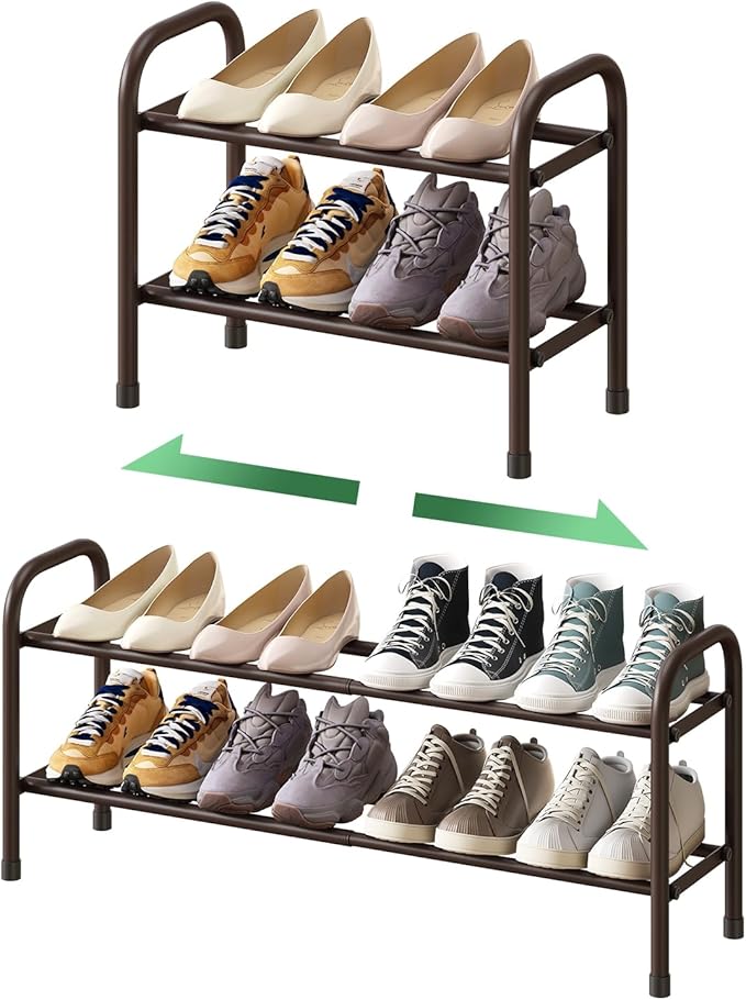 Expandable Shoe Rack, 2-Tier Shoe Shelf for Closet, Adjustable Length Shoe Shelf Storage Organizer, Standing Shoe Rack for Entryway