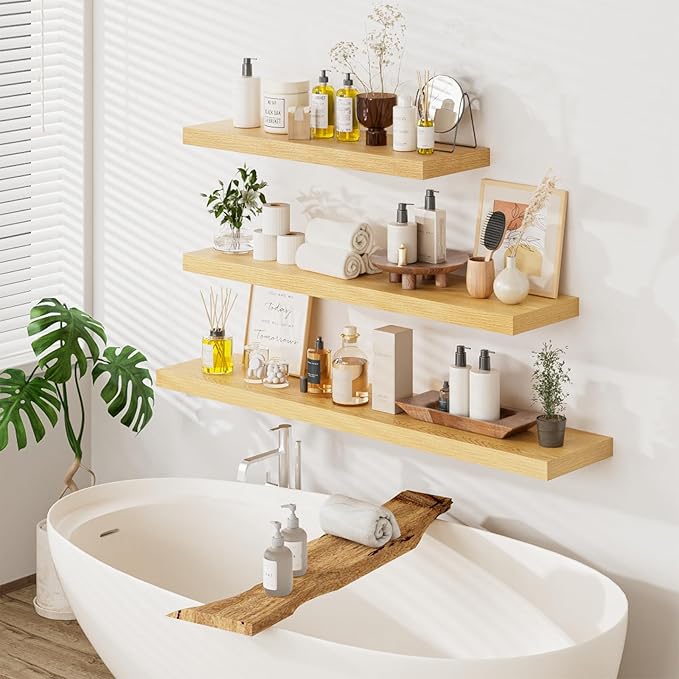 Heimlove 36 Inch Wall Shelf Bathroom Shelves Set of 2, 12" Deep Floating Shelves for Wall, Wall Mounted Shelves for Books Living Room Laundry Room Bedroom Kitchen Home Office, Oak