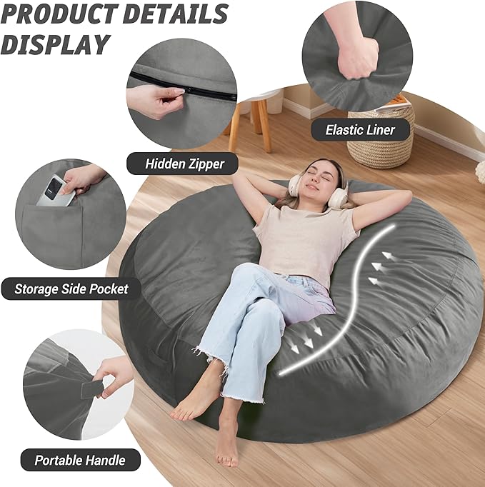 7FT Bean Bag Chair with Ultra Soft Velvet Cover Bean Bag Sofa with Memory Foam Bean Bag Chairs with Large Size Lazy Sofa for Dorm Office Living Room Bedroom Light Grey 7'