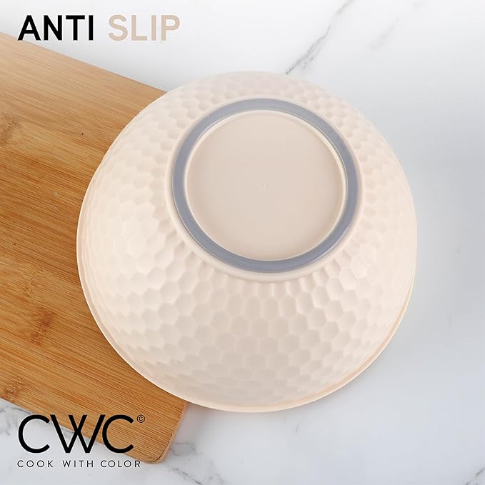 COOK WITH COLOR Mixing Bowls with Lids - 12 Piece Plastic Nesting Bowls Set includes 6 Prep Bowls and 6 Lids, Non Slip Bottom and Embossed Design - Microwave Safe (Cream)