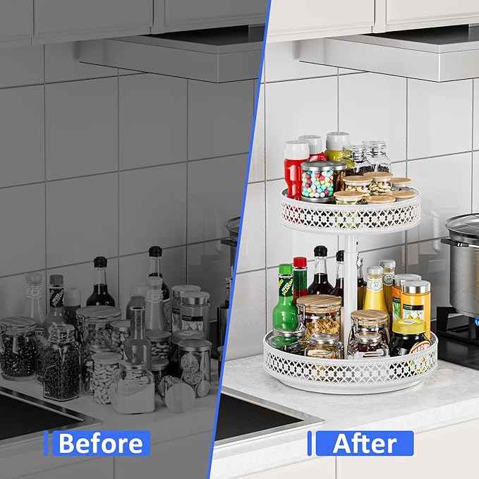 Lazy Susan Organizer 2 Tier - Turntable Spice Rack 12 inch Adjustable Metal Rotating Lazy Susan for Cabinet Pantry Kitchen Countertop Dining Table Cupboard Bathroom Vanity Storage White