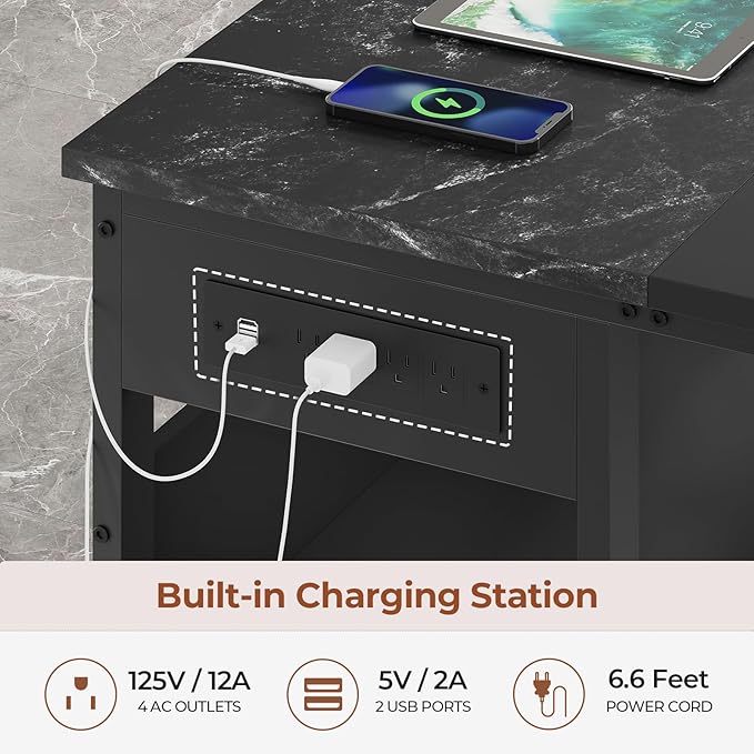 71" Executive Desk, Large Office Desk with Widen File Drawers & Power Outlets, Reversible L Shaped Computer Desk Corner Desk with Storage Shelves, CPU Stand, Hooks, Business Furniture (Black)