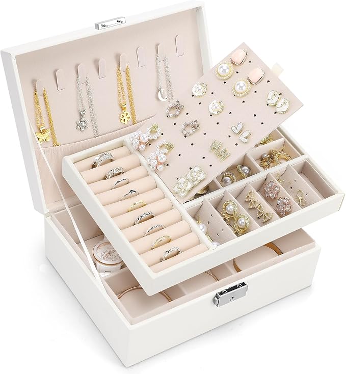 White Jewelry Box 2 Layer Jewelry Box 10.4 x 7.7 x 3.9 Inches Jewelry Organizer Tray for Earrings Bracelets Rings Watches (White)