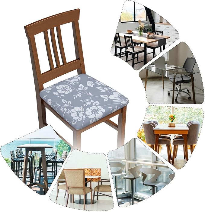Seat Covers for Dining Room Chairsset of Set of 4, Light Blue Gray Floral Boho Stretch Chair Seat Covers Cushion Slipcovers for Kitchen Office