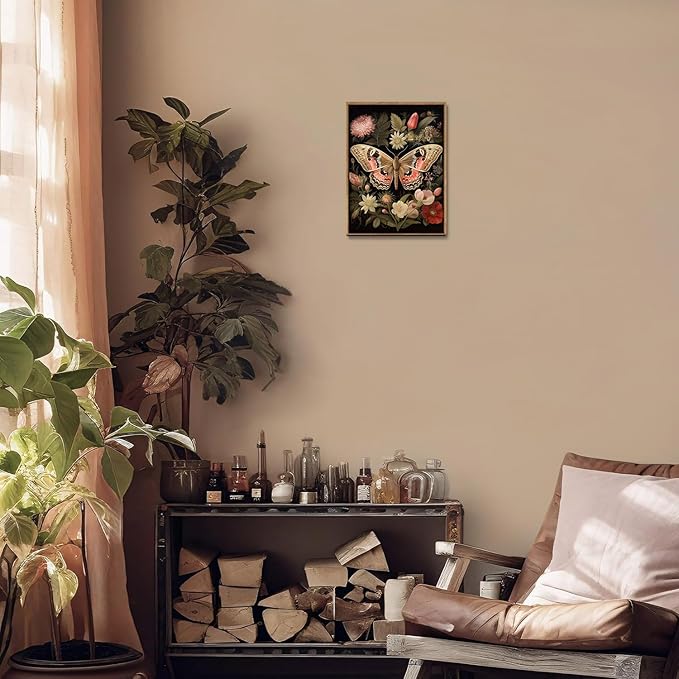 Djmwtb Vintage Framed Wall Art Butterfly Floral Canvas Wall Art Prints Boho Botanical Painting Flower Pictures Artwork for Living Room Bedroom Bathroom Office 12x16in
