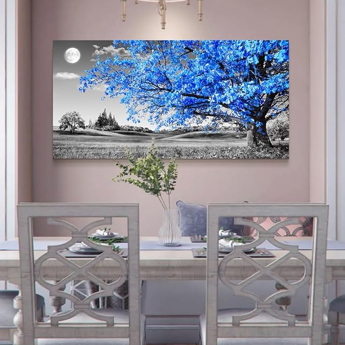 Wapluam Large Canvas Wall Art For Living Room Wall Decor For Bedroom Black And White Wall Paintings Blue Tree Scenery Wall Pictures Prints Artwork Office Decor Room Aesthetic Home Decor 24" X 48"