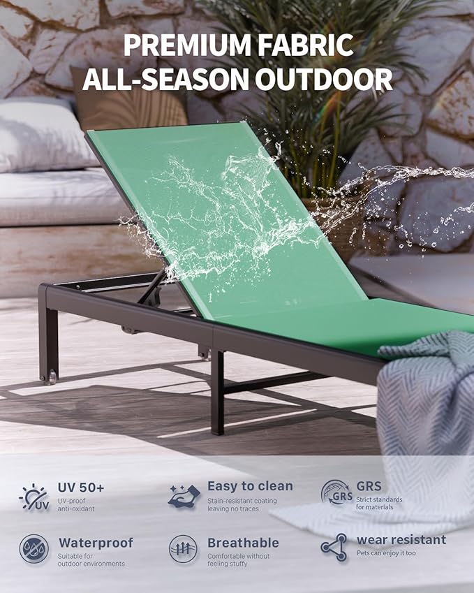 Aluminum Lounge Chairs Outdoor Chaise Furniture,2 Sets Patio Metal Deck Lounger Adjustable 5-Position Poolside Chase Recliner with Wheels for Beach,Coffee Table, (Green, 2 Chair＋Table)