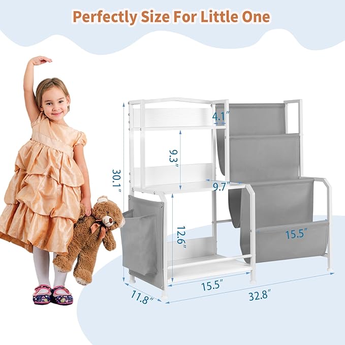 Bookshelf for Kids, 3 Tier Toddler Bookshelf with Toy Storage Organizer, Nursery Book Shelves, Kids Book Shelf Bookcase for Kid Rooms Playroom, White/Grey