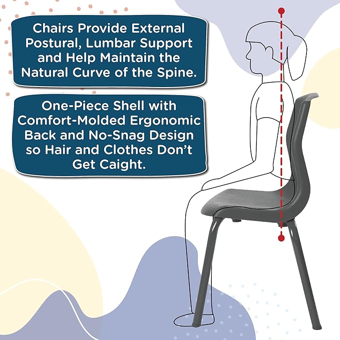 Children’s Factory MyPosture Plus 12" Chair, Black with Chrome Legs, 2 Pack, Stackable Ergonomic Seating Solution for Classrooms and Homeschools