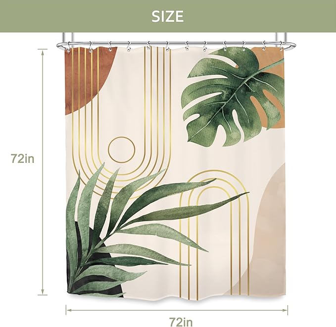 Glawry Boho Plant Shower Curtain 72Wx72L Inches Mid Century Botanical Tropical Abstract Minimalist Bohemian Leaves Bathroom Curtains Set Palm Leaf Green Bath Accessories Art Home Decor Fabric