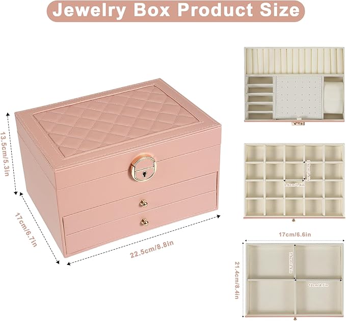 3-Layer Jewelry Box for Women, Jewelry Organizers and Storage with Removable Jewelry Tray, Vintage Quilted Top Lockable Jewelry Holder Gift Idea Pink
