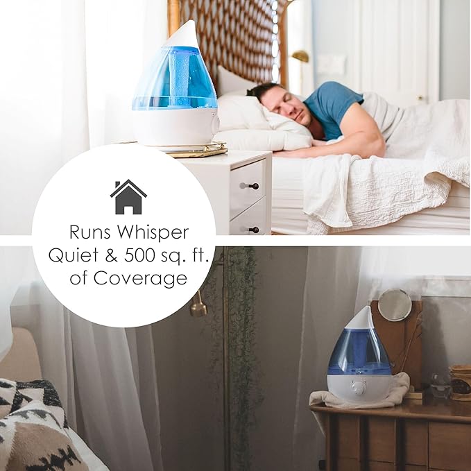 Crane Ultrasonic Cool Mist Teardrop Humidifier for Baby Nursery, Bedroom, Office, Large Room, Adjustable Humidity, Auto Shut-Off, Easy Clean Blue & White 1 Gallon