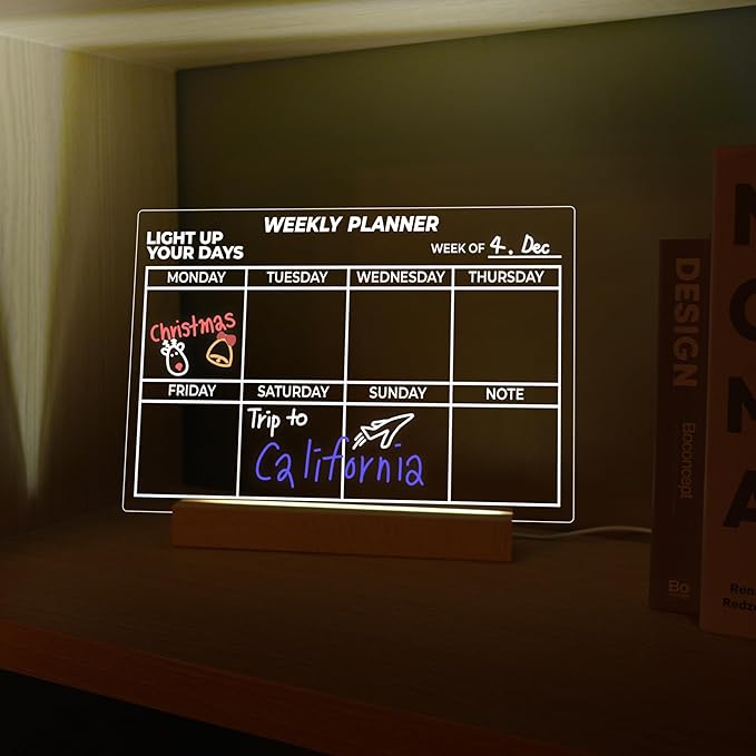 Dry Erase Weekly Planner with Light, 13x9, USB-Powered Light Up Whiteboard, Includes 4 Markers & Eraser, Monthly Planner, Productivity Tracker, Home & Office Calendar