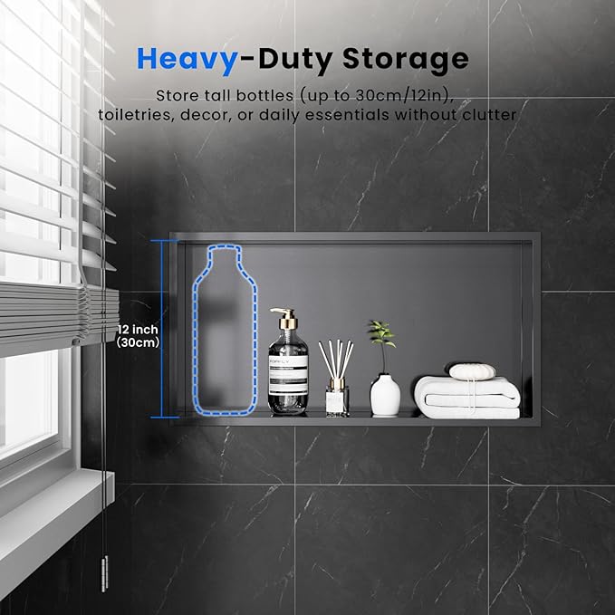 POPFLY No Tile Shower Niche, Stainless Steel Shower Niche 24"X12", Single Shelf No Tile Needed Recessed Bathroom Wall Niches, Dark Grey
