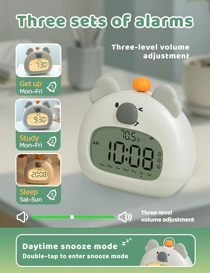 Koala Relaxation Alarm Clock, Forest Night Light, USB-C Fast Charge, 3 Alarms & Timer, Mindfulness Bedroom Decor Gift for Boys, Girls, Tenns