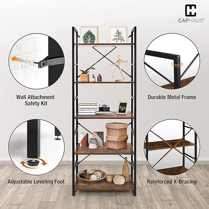 CAPHAUS 6 Tier Bookshelf, 24 Inch Width Free Standing Shelf, Bookcase Shelf Storage Organizer, Industrial Book Shelves for Home Office, Living Room, Kitchen, Rustic Oak Vintage Shelves & Metal Frame