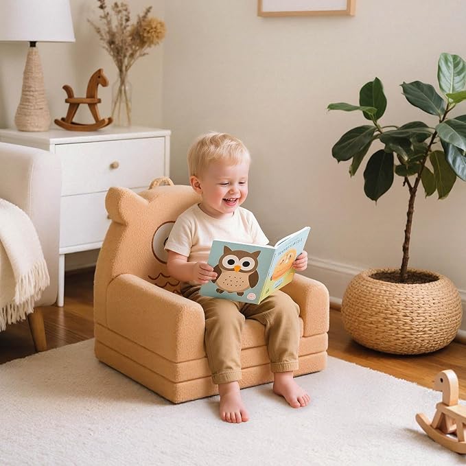 Toddler Couch, 3-Fold Convertible Kids Couch with Cute Owl Design, Fold Out Toddler Chair for 1-3 Years Old, Soft Baby Sofa Bed for Playroom, Washable Cover