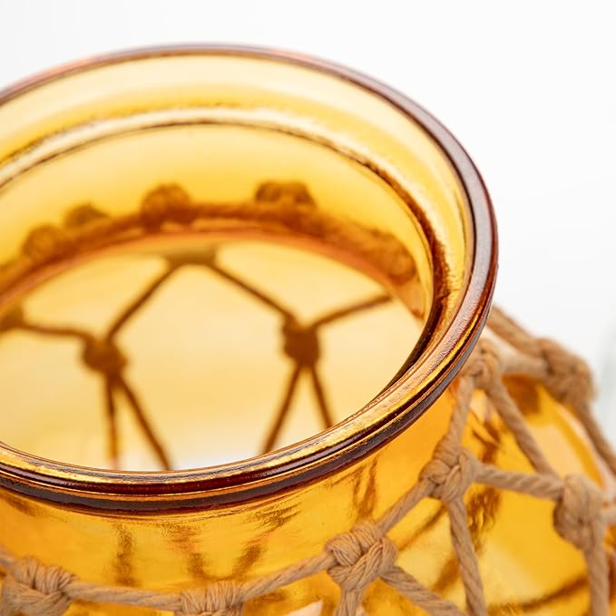 Hollyone Amber Glass Vase with Cotton Rope Cover Woven Round Glass Vase Decorative Flower Bottle Modern Vase for Table Centerpiece Farmhouse Wedding Home Decor