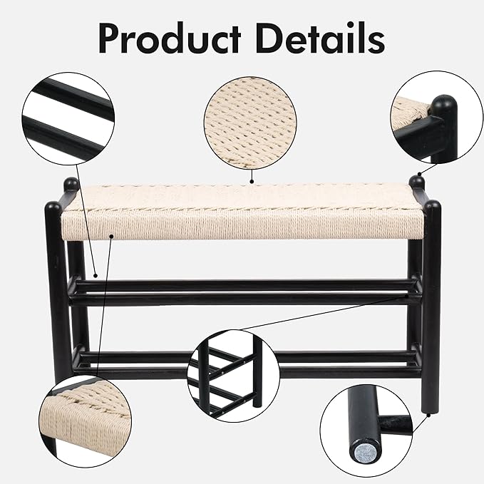 Solid Wood Entryway Bench with Shoe Storage, Rustic Oak Wood and Woven Design 31.5 Inch Long Seating for Living and Dining Rooms, 3-Tier Black