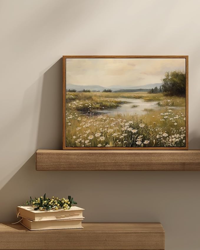 InSimSea Framed Canvas Wall Art Vintage Decor, Farmhouse Wall Decor for Living Room Bedroom Office Bathroom, Spring Landscape Wildflower Field Oil Painting Prints, Home Desk Decorations, 12x16inch