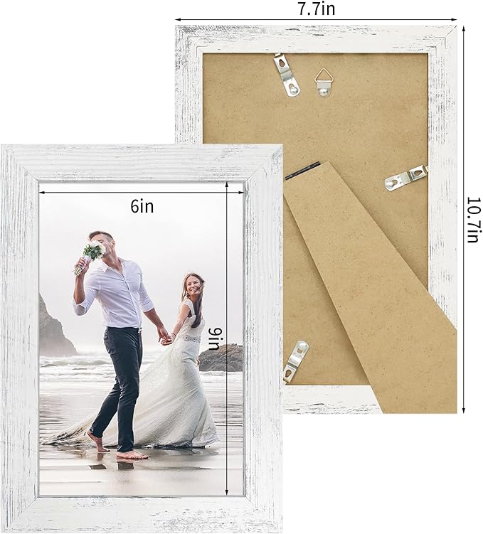 6x9 Picture Frame Set of 4, High Definition Glass Distressed White Frame, 6 x 9 Photo Frames for Horizontal or Vertical Tabletop Display and Wall Mounting