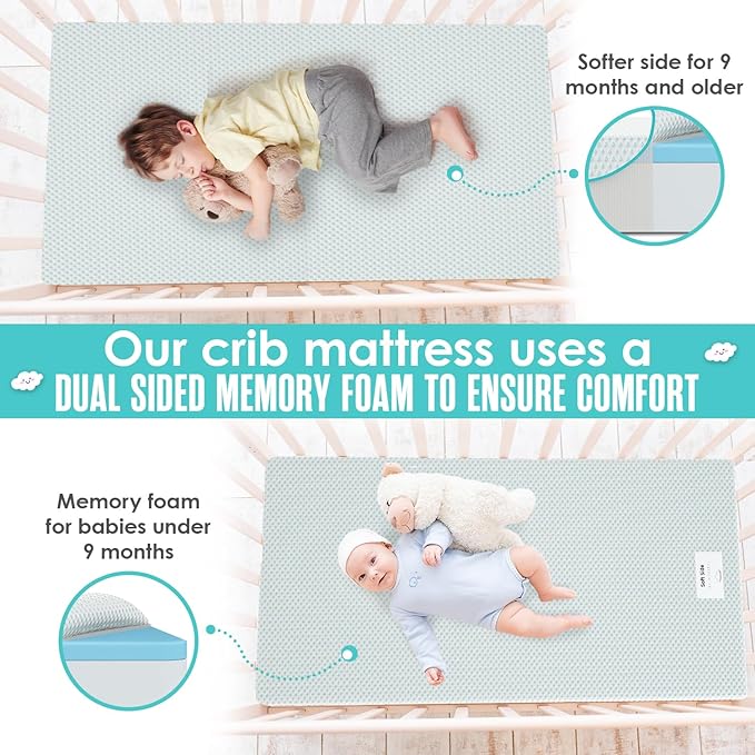 Sleepah 6" Crib & Toddler Bed Mattress Dual Sided (Firm & Plush) Cooling Memory Foam – Waterproof Washable Breathable Soft Cotton Fabric – CertiPUR Baby Mattresses - for Baby & Toddlers (Blue)