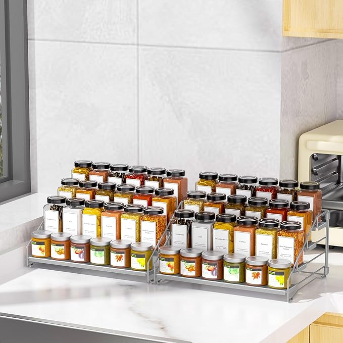 4 Tier Spice Rack Organizer for Cabinet, Spice Rack Organizer, Depth Adjustable Spice Organizer for Cabinet, Countertop, Cupboard, Pantry, Seasoning Shelf, Metal, Gray (2 Pack)