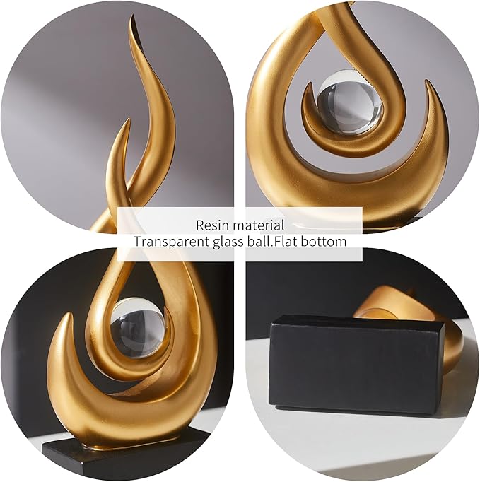 AWNR Modern Gold Sculpture Decor: Flame Statue with Glass Ball Resin Abstract Art Figurines Unique Centerpiece for Home Living Room TV Stand Coffee Table Office Decor