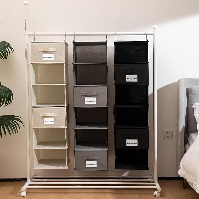 2 Pack 6 Shelves Hanging Closet Organizer with 2 Drawer, Hanging Storage with 4 Side Pockets for Clothes Shoes, 43.5"x12"x12"(Beige)