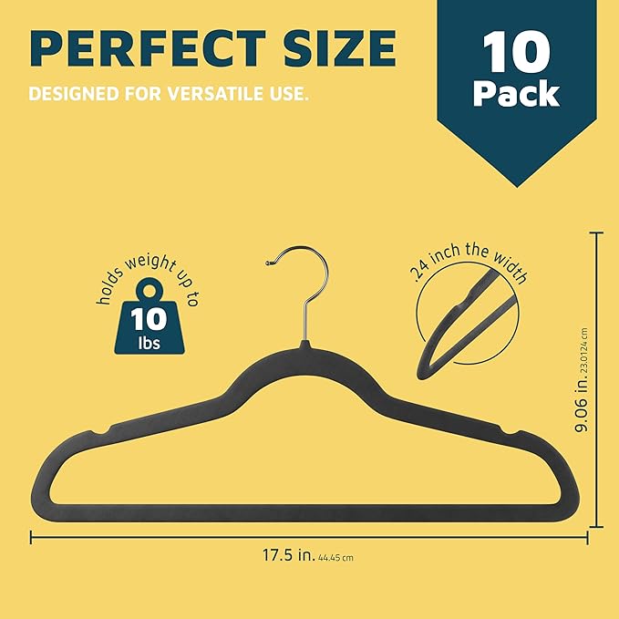 Velvet Clothes Hangers – with 360 Degree Swivel Hook and Non-Slip Shoulder Notch, Holds Up to 10 lbs, Heavy Duty Hanger Set, for Organizing Suit, Dress, Coat, and Clothes, Pack of 10, Gray