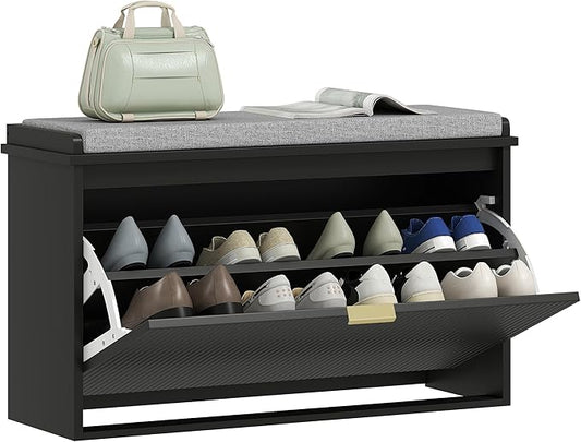 HOMCOM Narrow Shoe Bench with Padded Seat Cushion and Flip-Drawer, Small Entryway Bench Holds up to 265lb, Shoe Cabinet, 31.5x10.2x18.7 Inches, Black