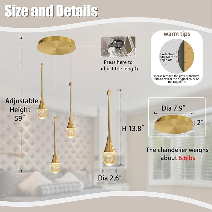 3-Light Gold Chandelier with Dimmable Ceiling Light Crystal Pendant Light for Kitchen Island, Dining Room, Living Room, Entry Hallway