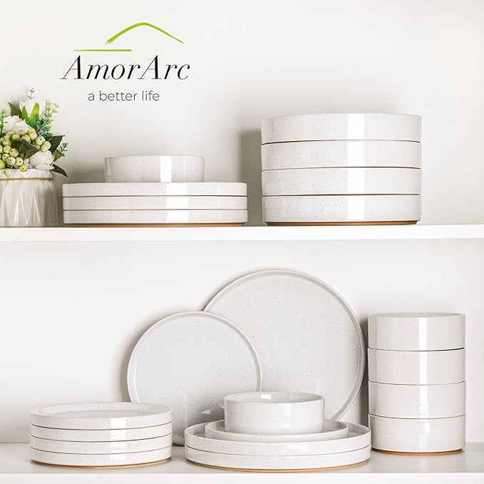 AmorArc Ceramic Dinnerware Set for 8 | Speckled Stoneware Plates and Bowls with Rustic Terracotta Underside| Scratch Resistant,Dishwasher & Microwave Safe Dishes Sets- 24pcs White
